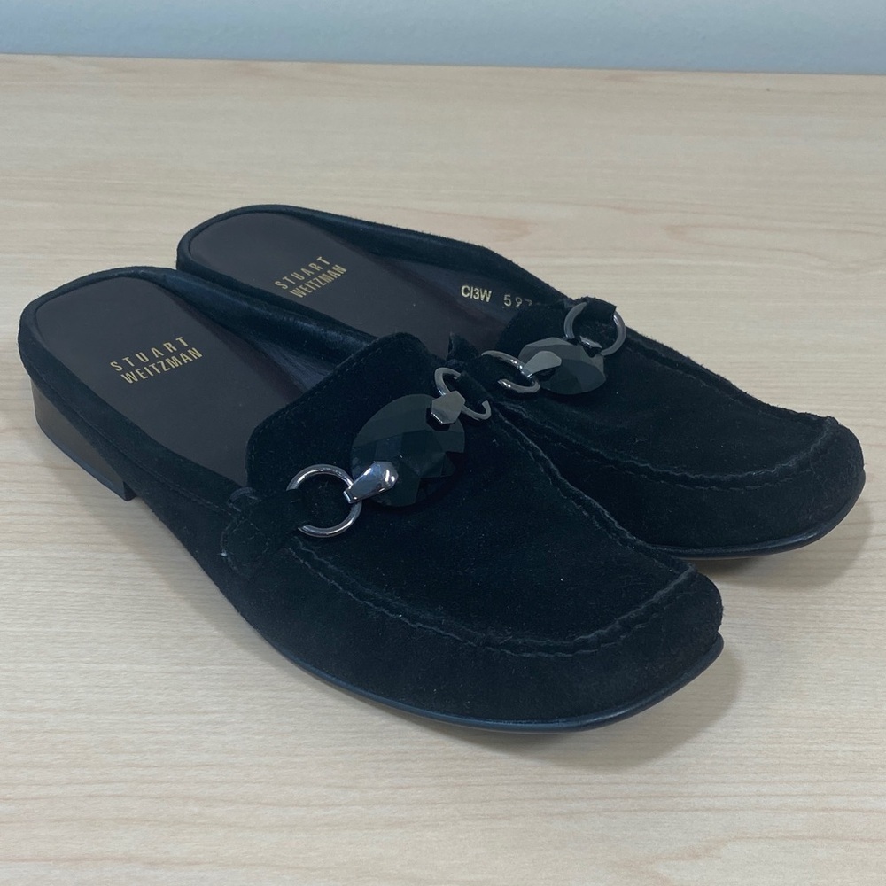 Stuart Weitzman Black Suede Mules with Chain Detail